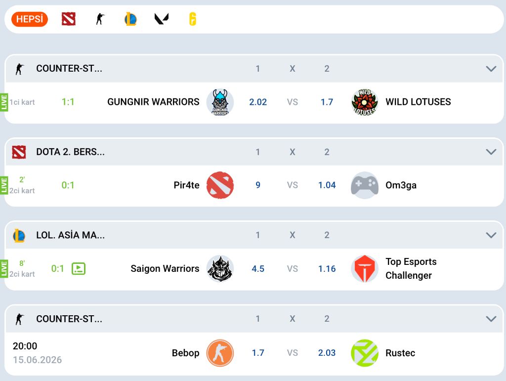 Mostbet e-spor canlı bahis listesi: CS, Dota 2 ve LoL maç oranları