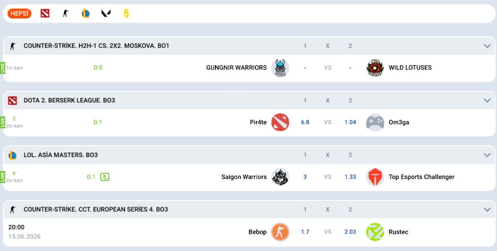 Mostbet turnuva bazlı e-spor bahis ekranı: Berserk League ve Asia Masters