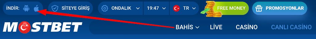 Mostbet üst menü çubuğu: indirme, giriş, BAHİS, LİVE, CASİNO ve CANLI CASİNO