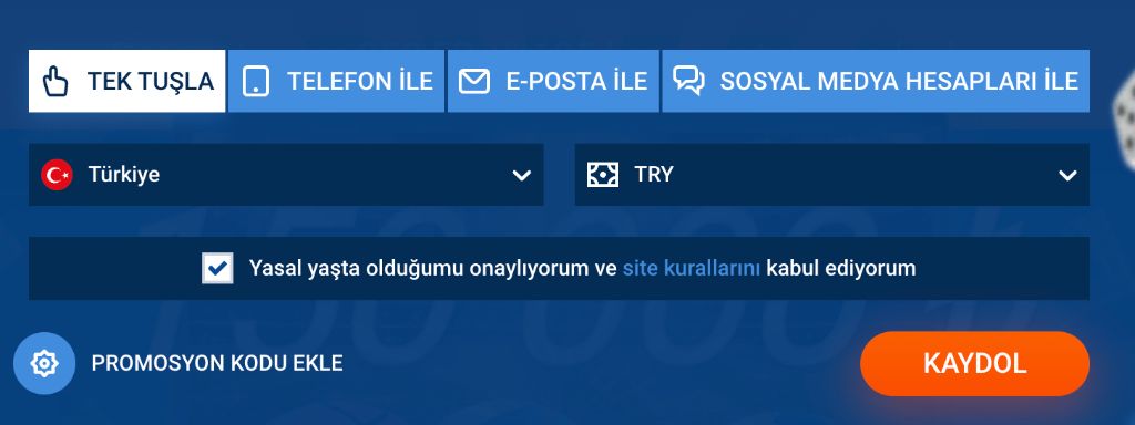 Mostbet kayıt formu: Türkiye ülke ve TRY para birimi seçimi ile KAYDOL butonu