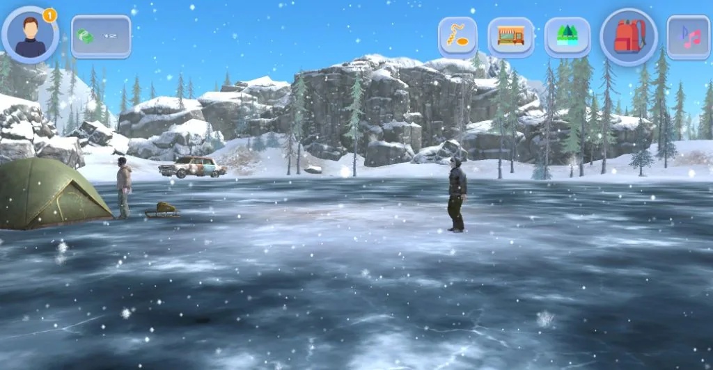 Ice Fishing oyunundan kamp ve donmuş göl manzarası — karlı dağ ve çadır